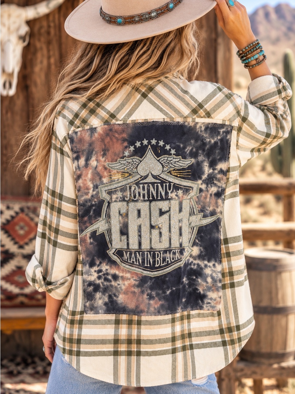 Tay’s Custom Johnny Cash Green and Cream Plaid Button-Up Shirt